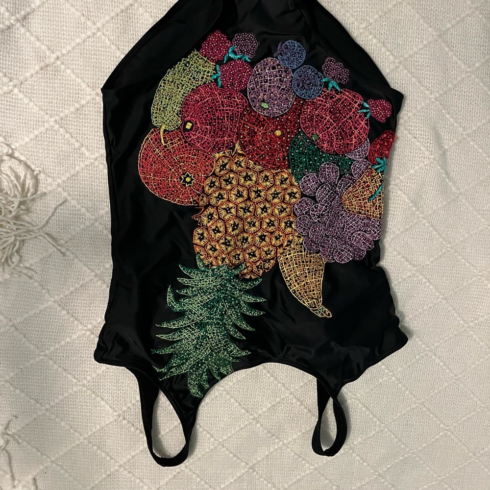 BLACK BATHING SUIT WITH COLORFUL EMBROIDERED FRUIT - Picture 5 of 7